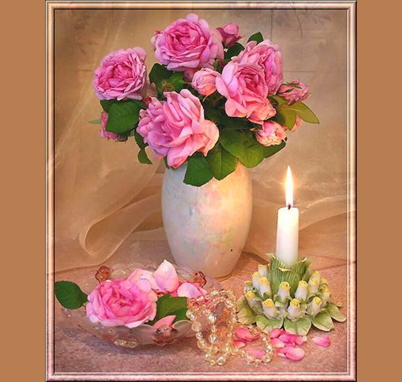 Pink Roses in Vase — Serene, Photograph, Candle, Petals