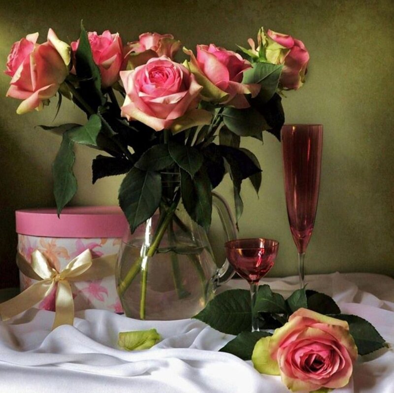 Pink Roses in Vase — Serene, Photograph, Champagne Flute