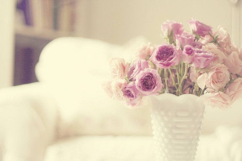 Pink Roses in Vase — Serene, Photograph, Couch