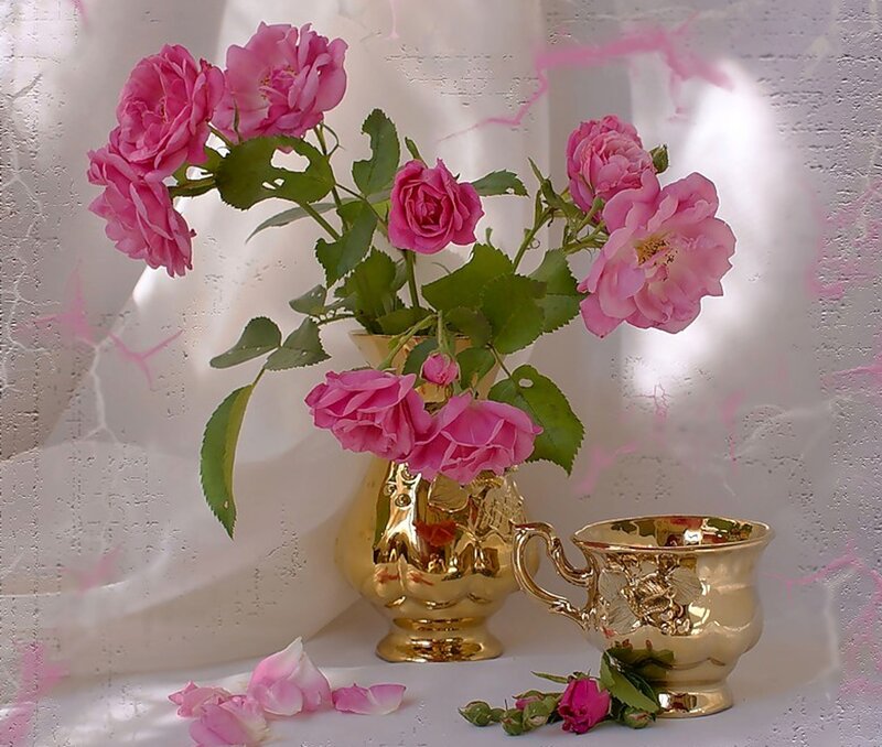 Pink Roses in Vase — Serene, Photograph, Cup, Petals