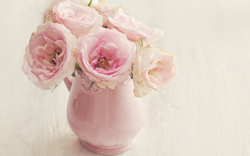 Pink Roses in Vase — Serene, Photograph, Flowers, Wooden Surface