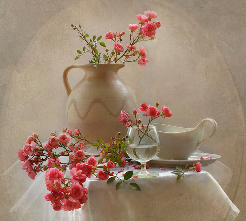 Pink Roses in Vase — Serene, Photograph, Glass