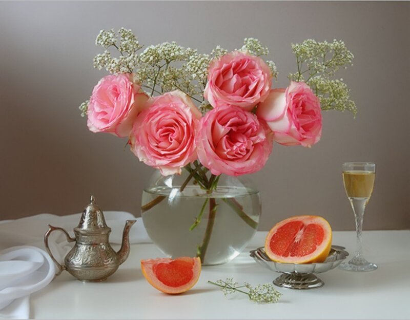 Pink Roses in Vase — Serene, Photograph, Grapefruit