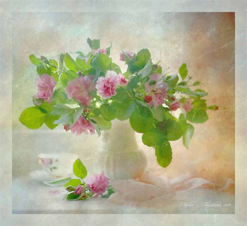 Pink Roses in Vase — Serene, Photograph, Leaves, Teacup
