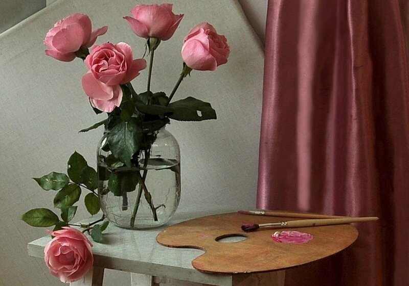Pink Roses in Vase — Serene, Photograph, Paint Palette