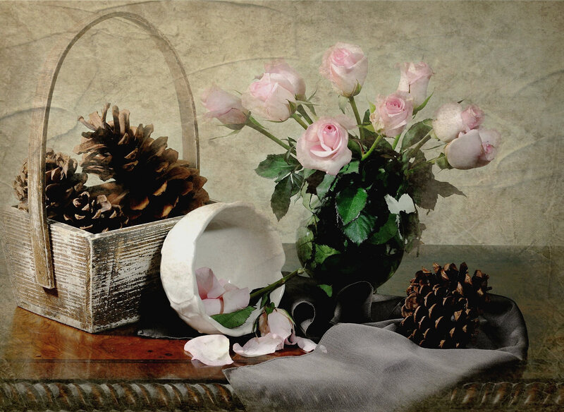 Pink Roses in Vase — Serene, Photograph, Pinecones