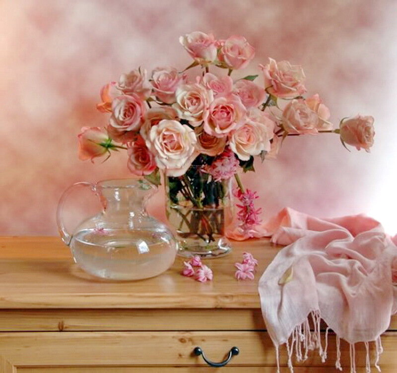 Pink Roses in Vase — Serene, Photograph, Pitcher