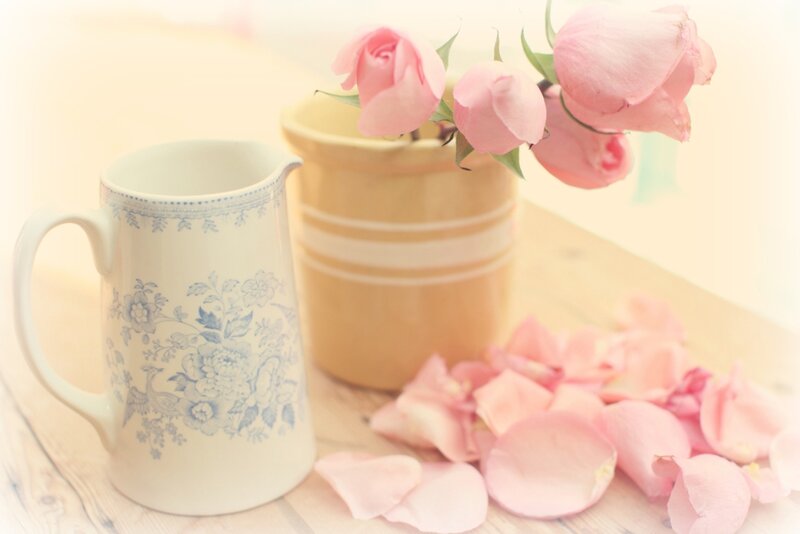 Pink Roses in Vase — Serene, Photograph, Pitcher, Wooden Table