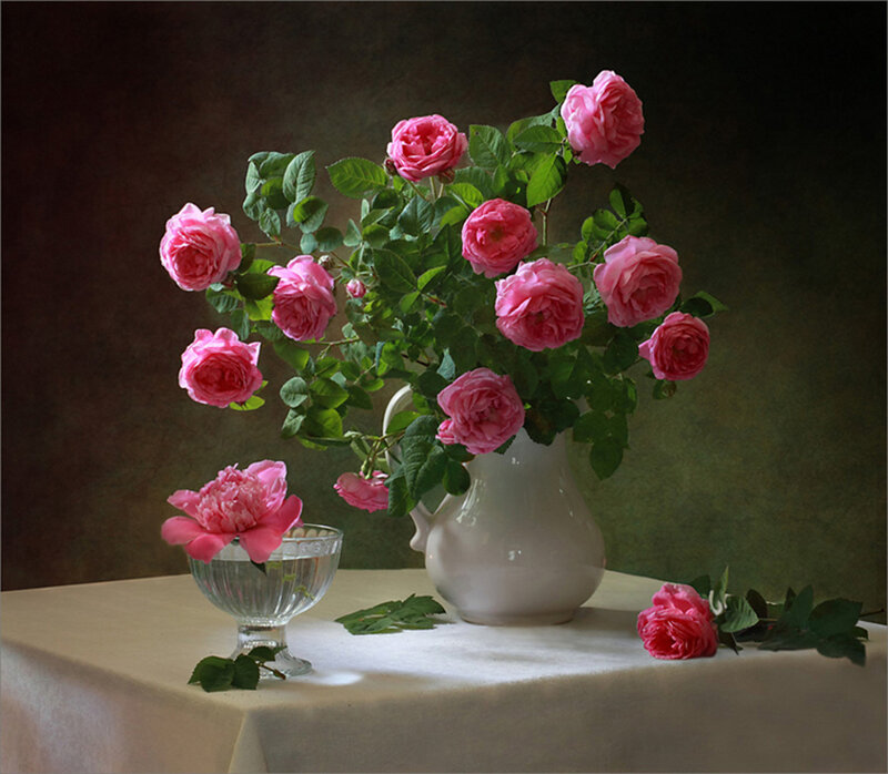 Pink Roses in Vase — Serene, Photograph, Tablecloth
