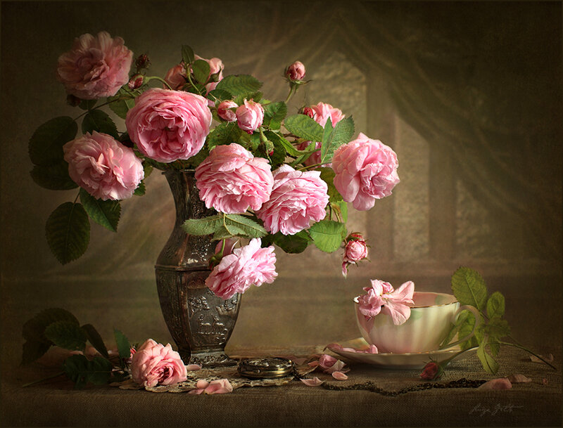 Pink Roses in Vase — Serene, Photograph, Teacup, Watch