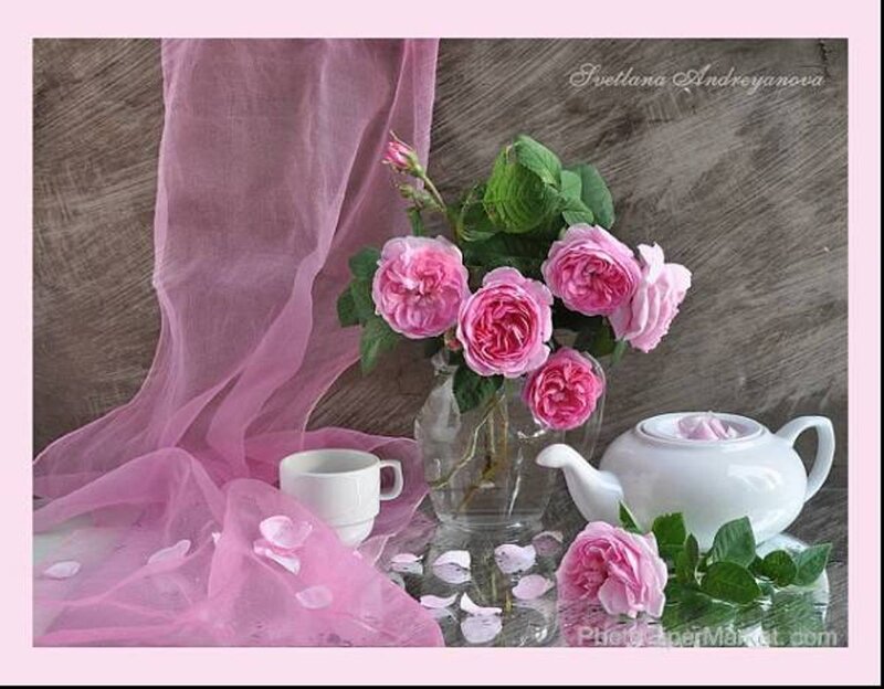 Pink Roses in Vase — Serene, Photograph, Teapot, Cup, Fabric