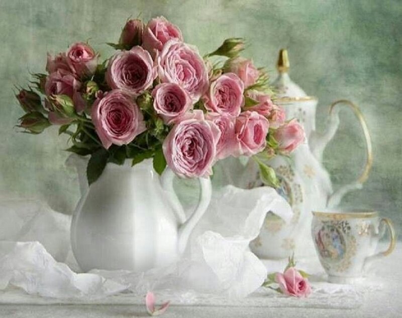 Pink Roses in Vase — Serene, Photograph, Teapot, Cup, Lace