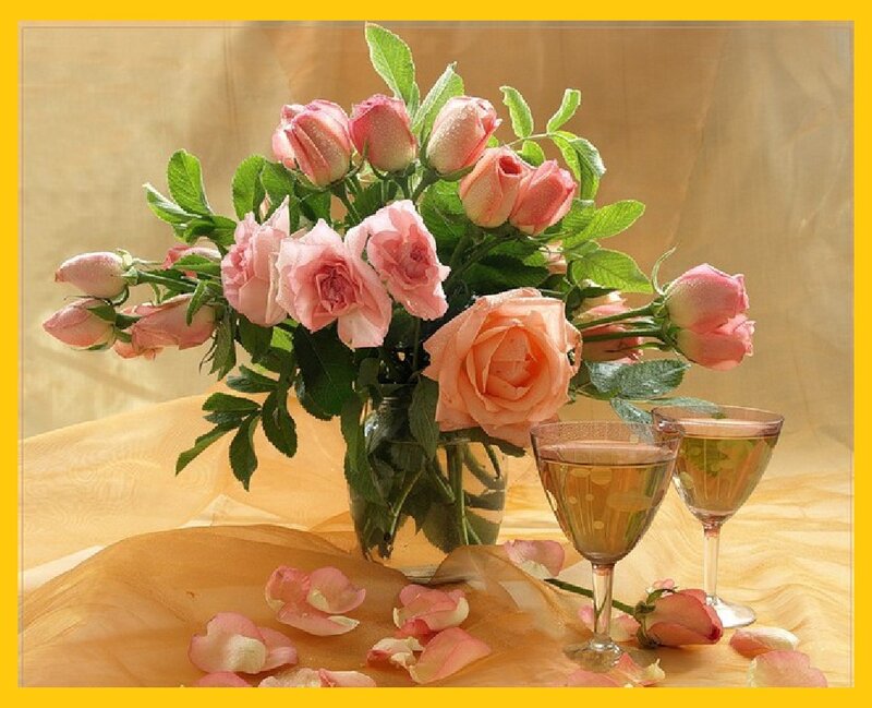 Pink Roses in Vase — Serene, Photograph, Wine Glasses