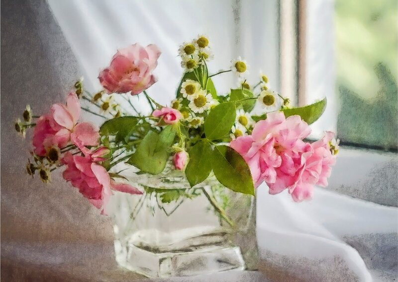 Pink Roses in Vase — Serene, Spring, Painting