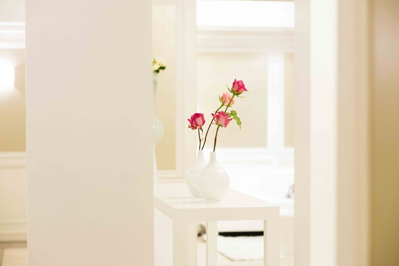 Pink Roses in Vase — White, Serene, Photograph, Table