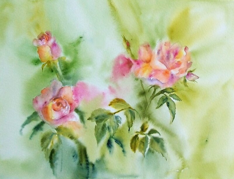 Pink Roses in Watercolor — Green