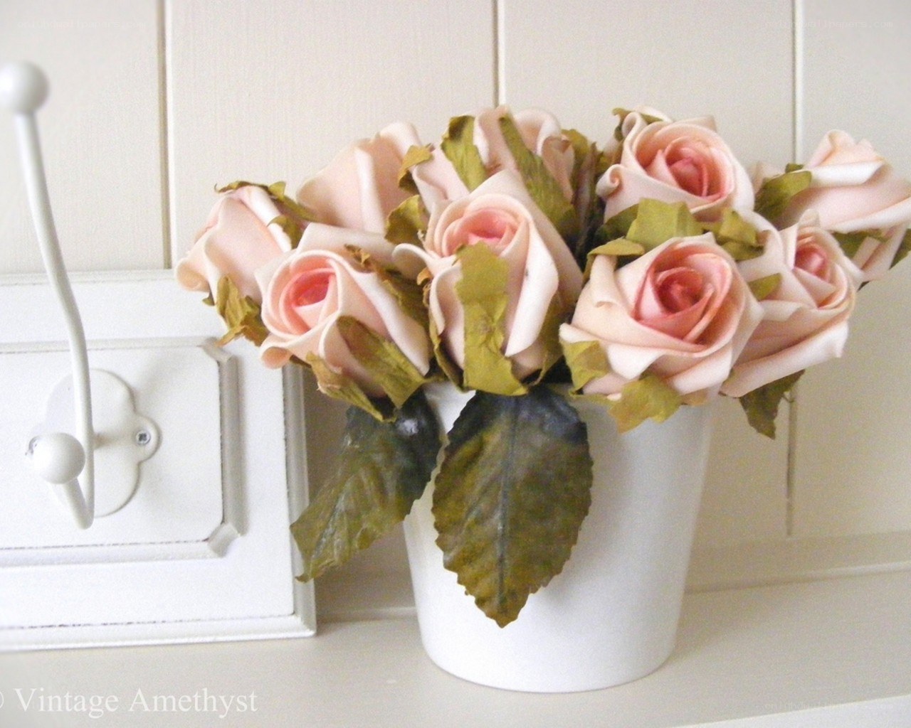 Pink roses in white pot