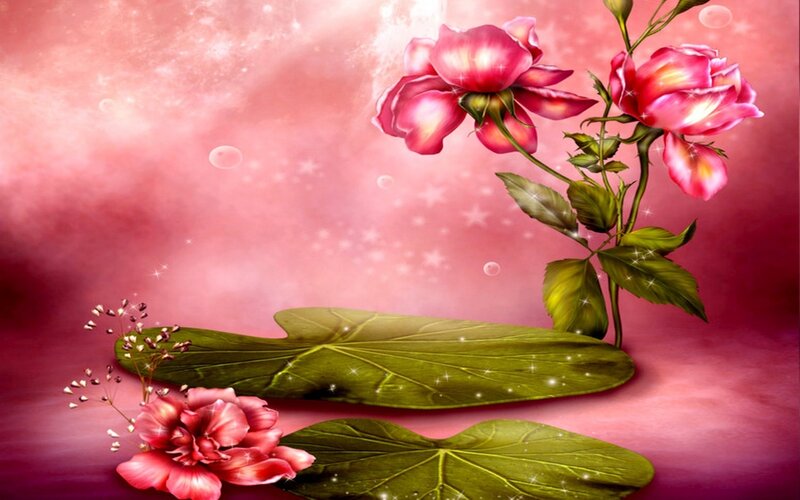 Pink Roses on Leaves — Dreamy, Digital Art