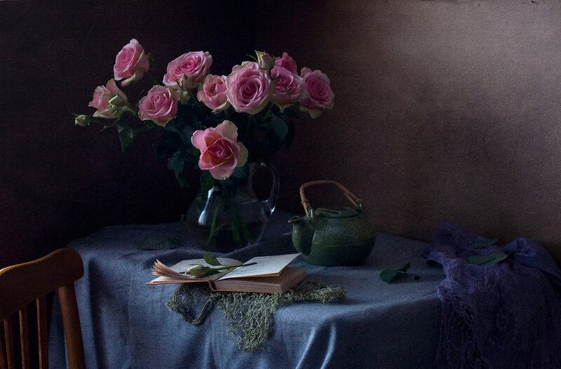 Pink Roses on Table — Blue