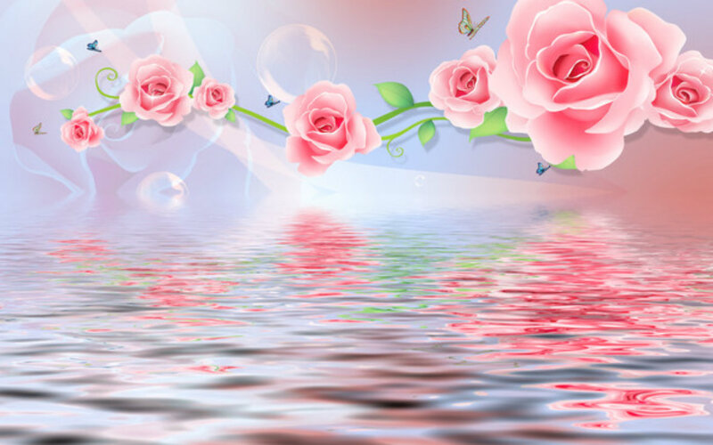 Pink Roses on Water — Serene, Digital Art, Butterflies