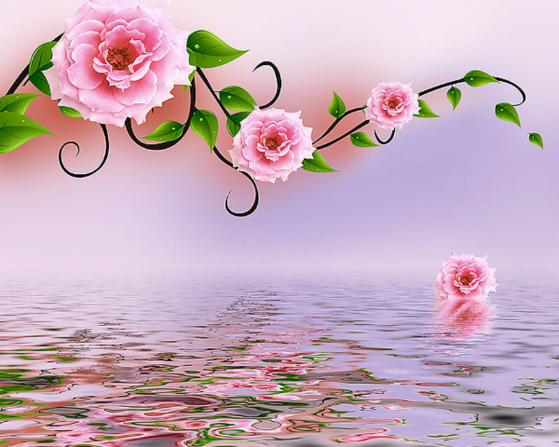 Pink Roses on Water — Serene, Digital Art