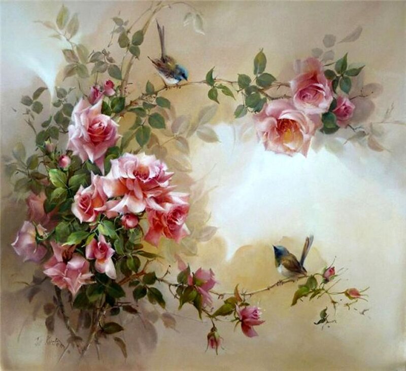 Pink Roses with Birds