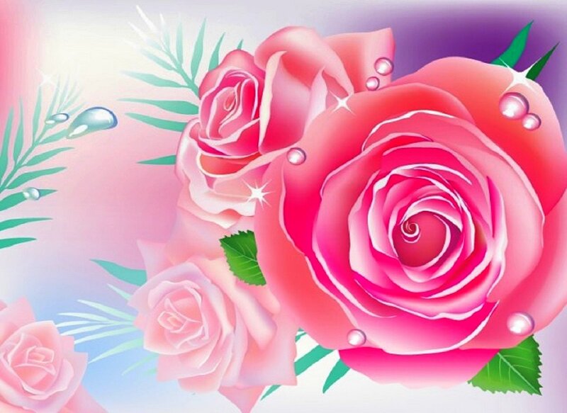 Pink Roses with Dewdrops — Serene, Digital Art