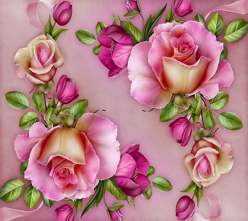 Pink Roses with Green Leaves — Calm, Digital Art