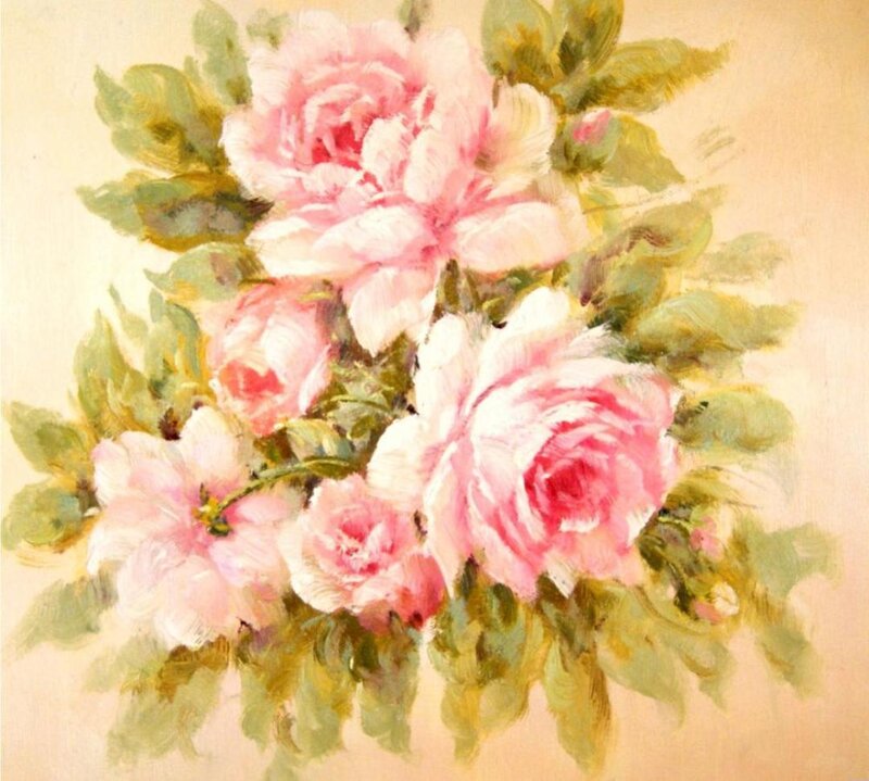 Pink Roses with Leaves — Calm, Painting