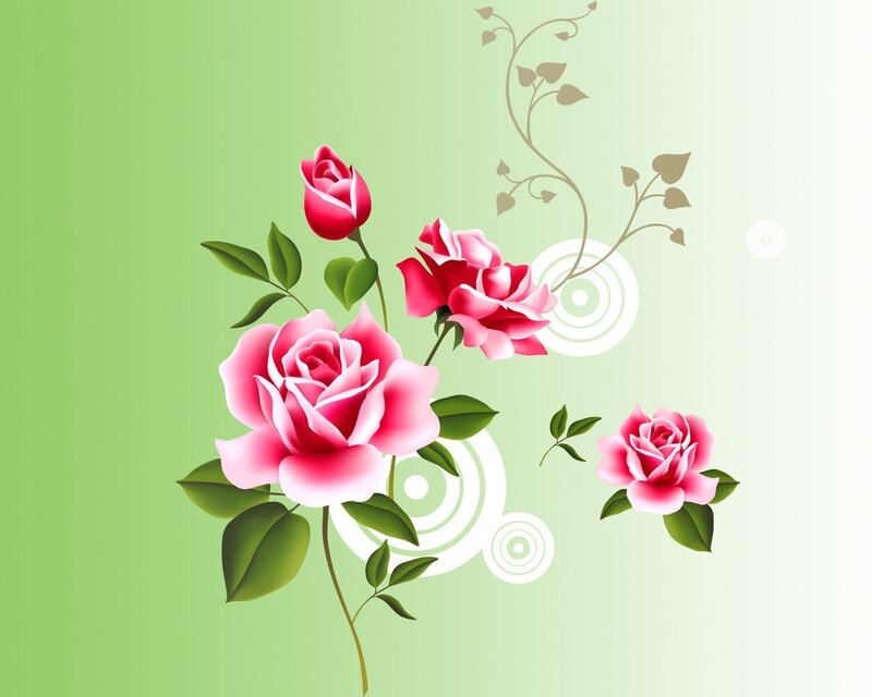 Pink Roses with Leaves — Green