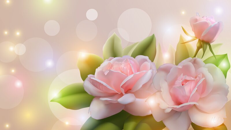 Pink Roses with Leaves — Serene, Digital Art