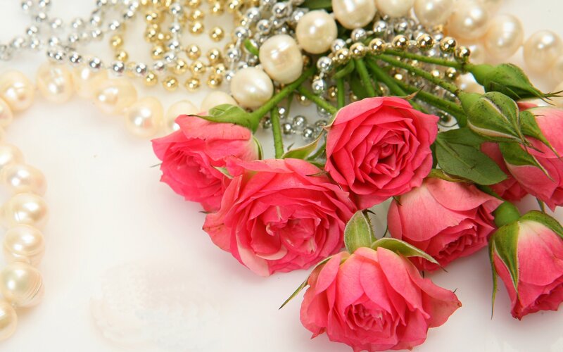 Pink Roses with Pearls — Elegant, Photograph, Beads