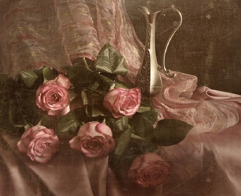 Pink roses with silver pitcher