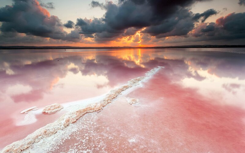 Pink Salt Lake at Sunset — Dramatic, Photograph
