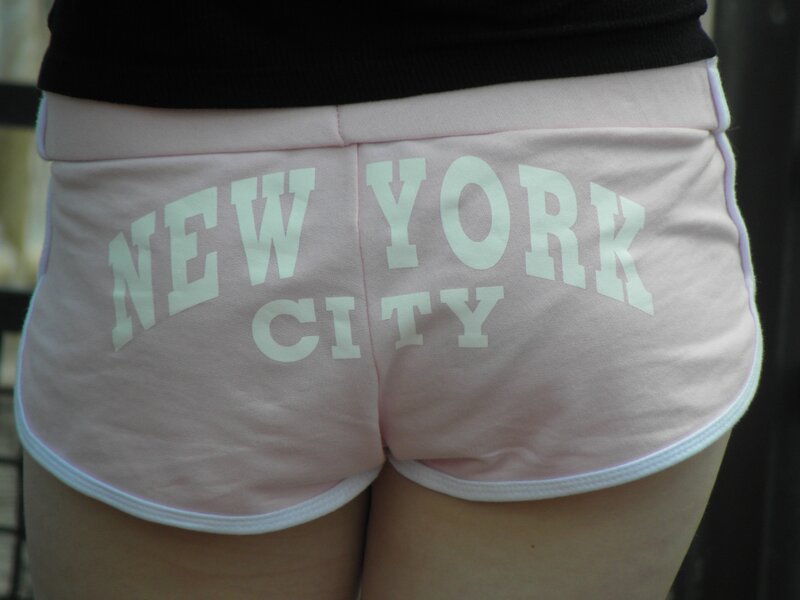 pink shorts with new york city text