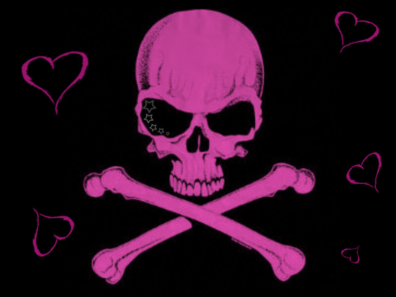 pink skull and crossbones with hearts
