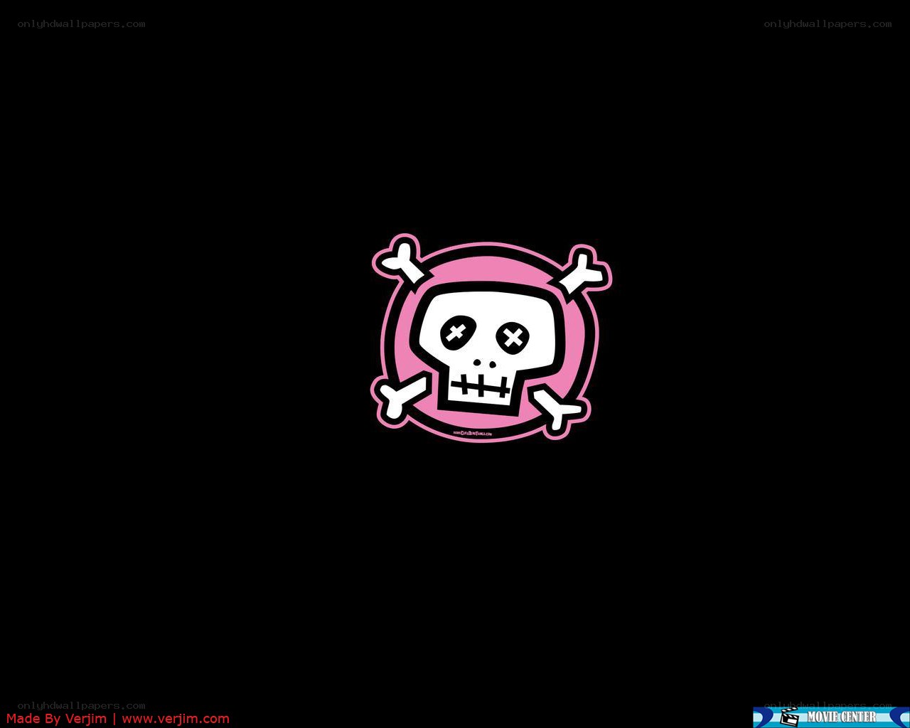 pink skull logo on black