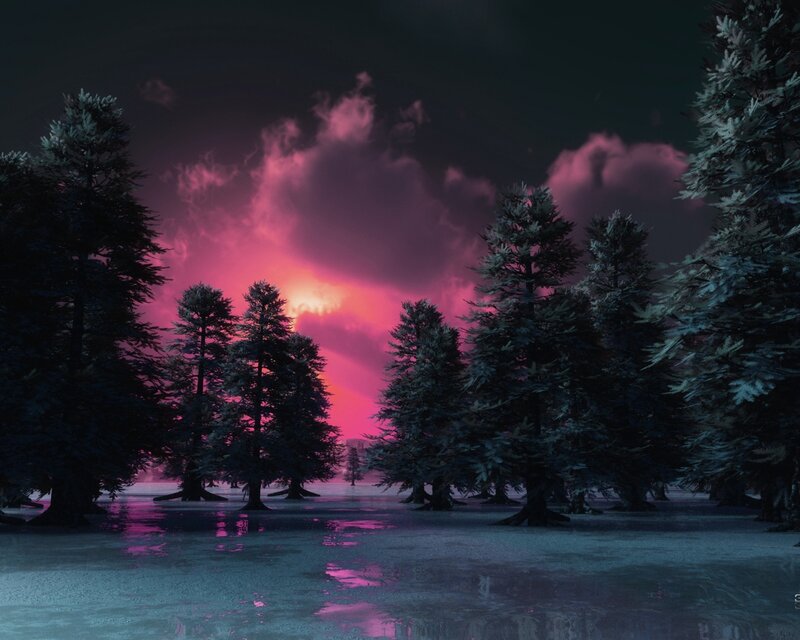 Pink sky forest scene