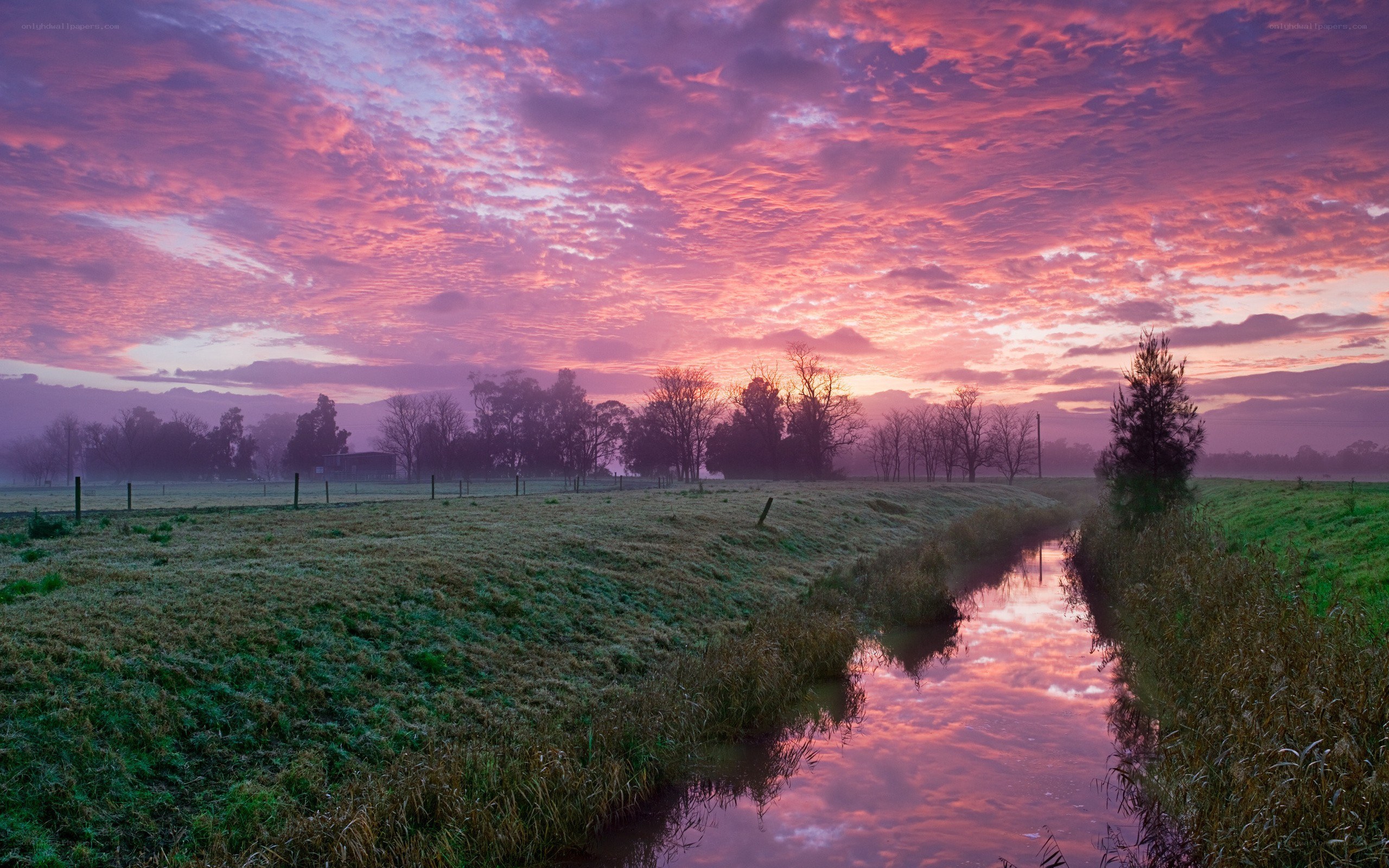 Pink sky over a rural stream