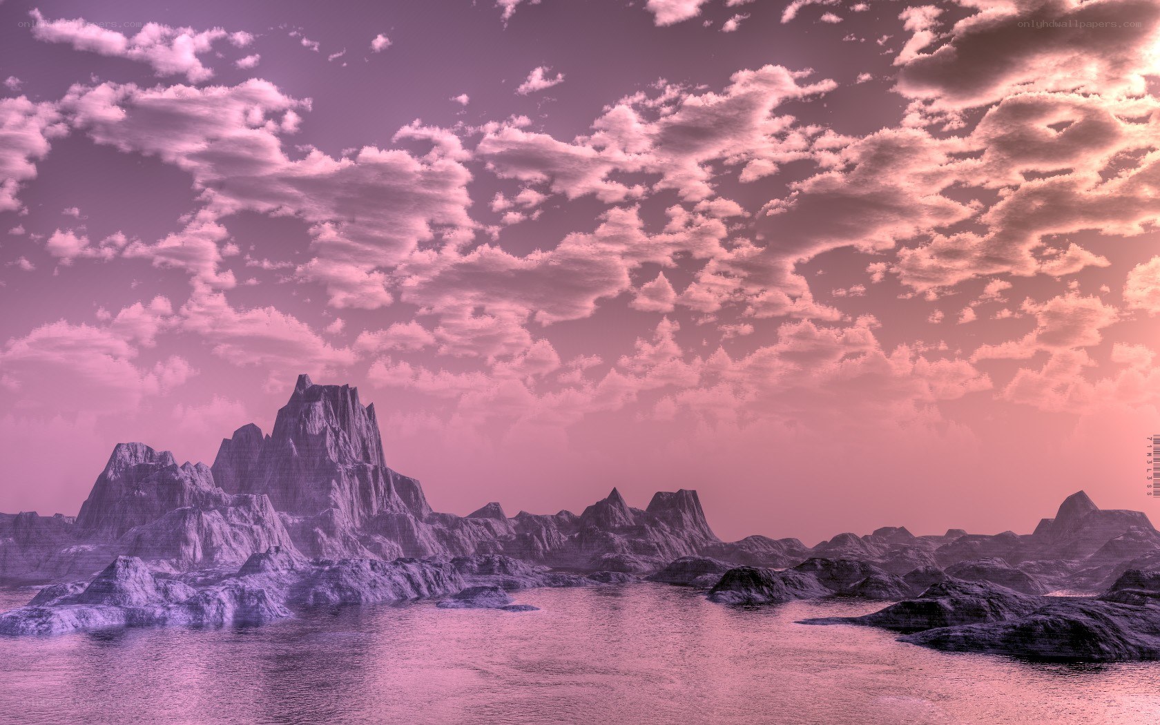 Pink sky over rocky islands