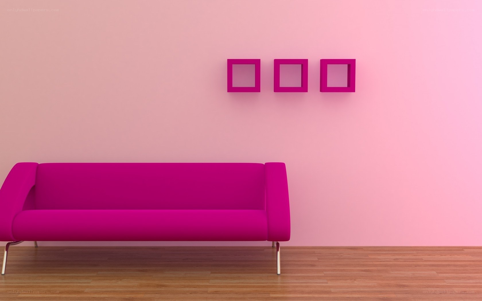 Pink sofa and wall shelves