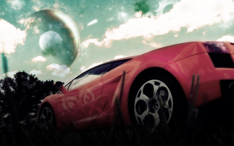 Pink sports car under alien sky