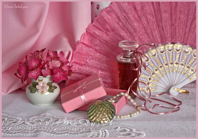Pink still life with perfume