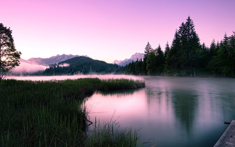 Pink sunrise over a misty lake