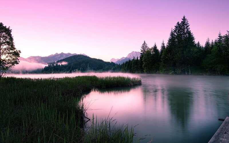 Pink sunrise over a misty lake