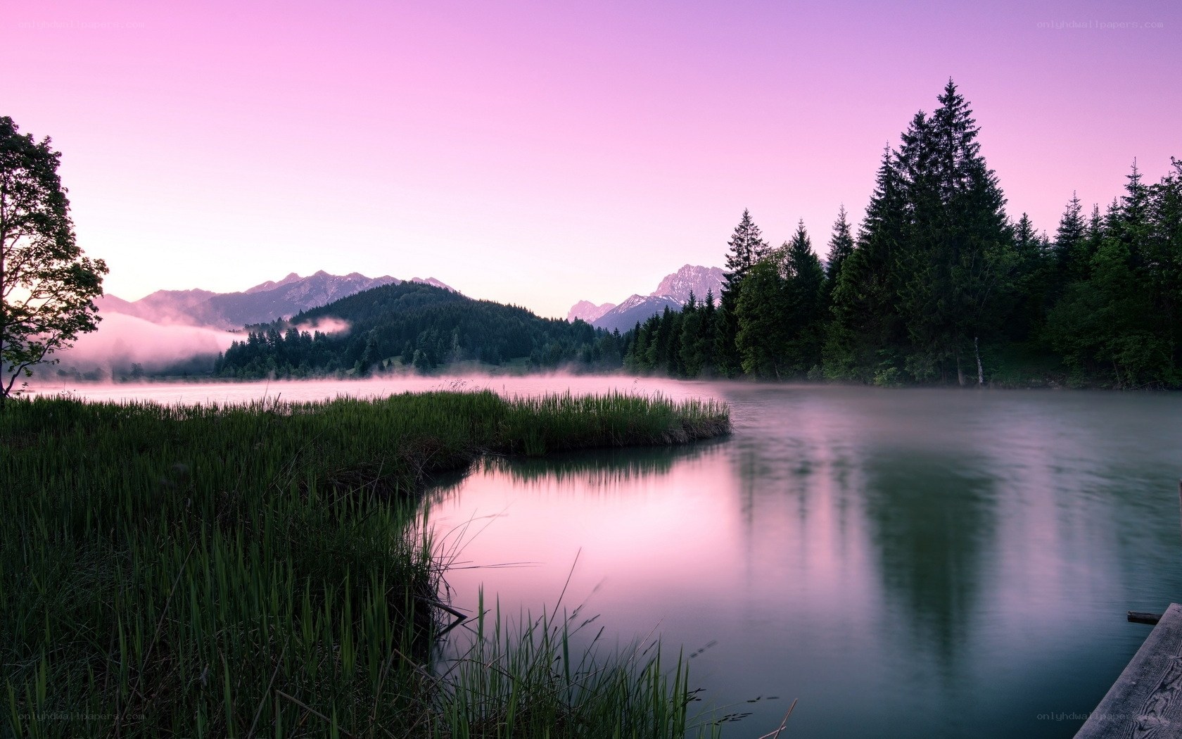 Pink sunrise over a misty lake
