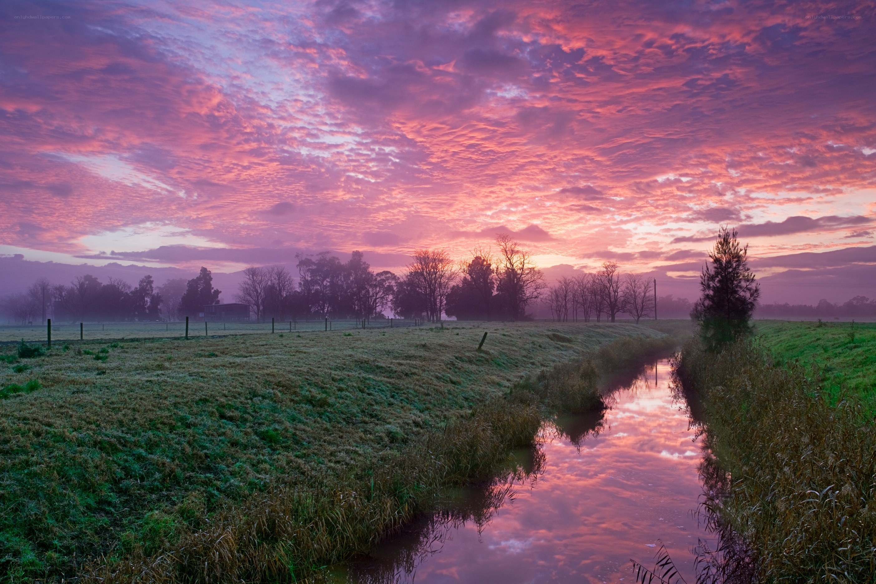 Pink sunset over a rural stream