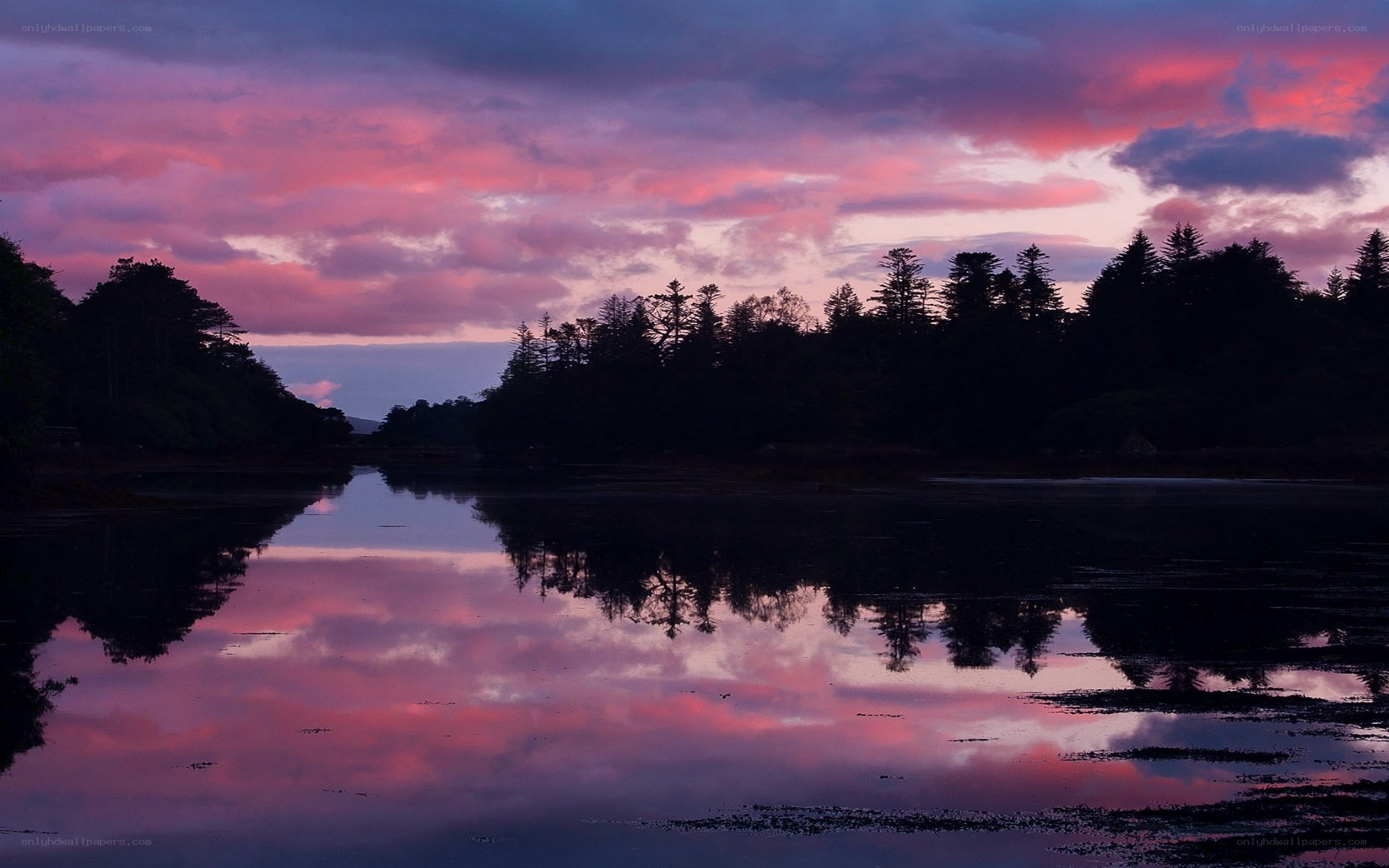 Pink sunset over calm lake
