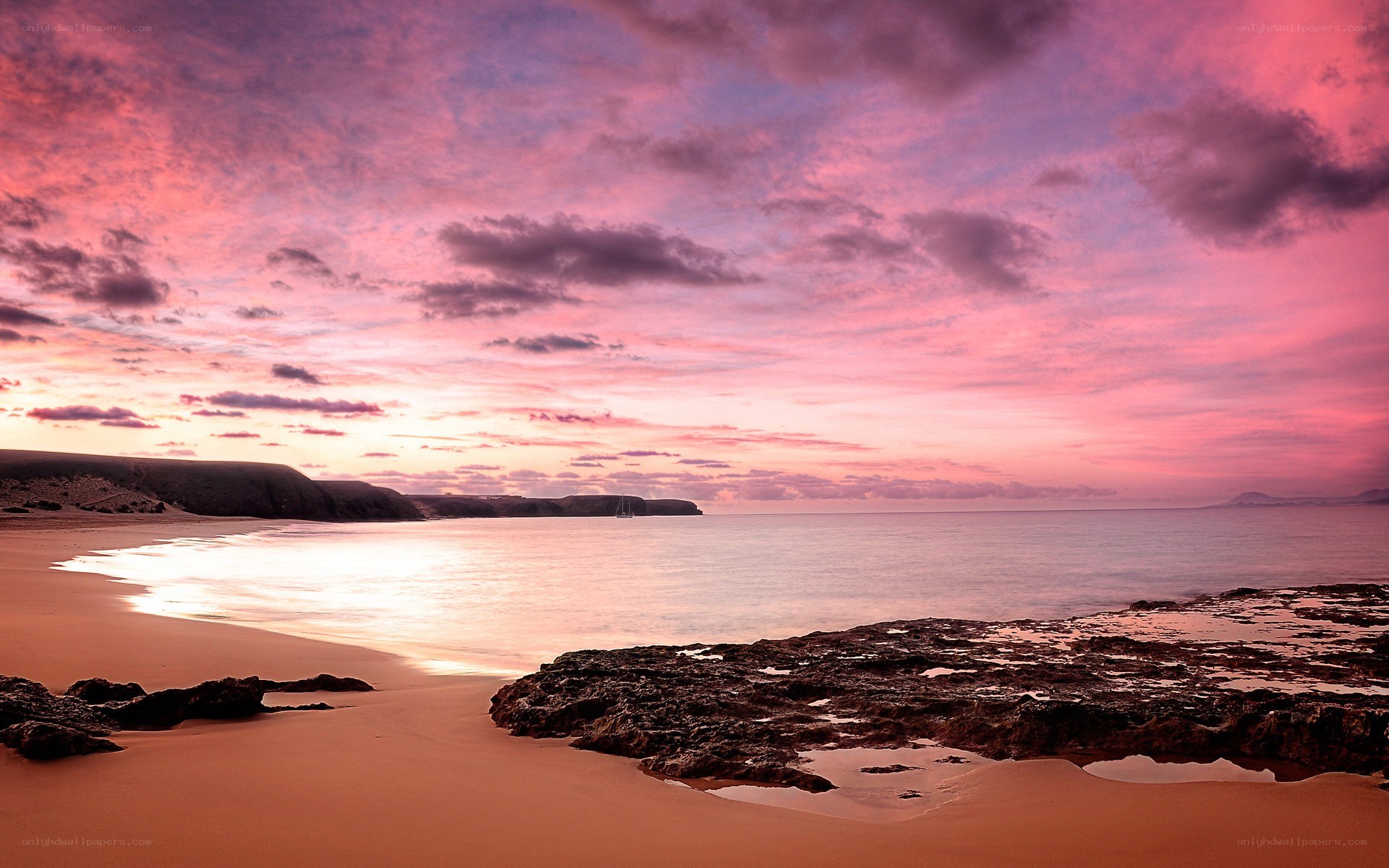 Pink sunset over coastal beach