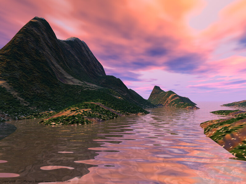 Pink sunset over mountainous islands